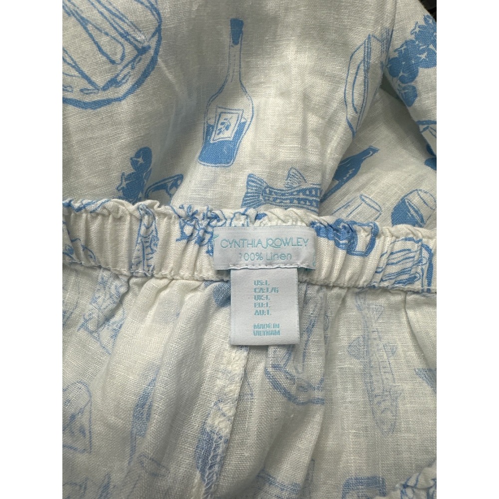 Cynthia Rowley 100% Linen Wide Leg Pants Blue White Wine Fish Print Womens L - Picture 7 of 7